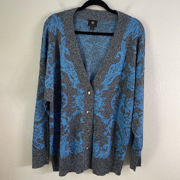JM Collection Womens Plus 4X Metallic Threaded Cardigan Sweater Blue Black - Picture 9 of 13